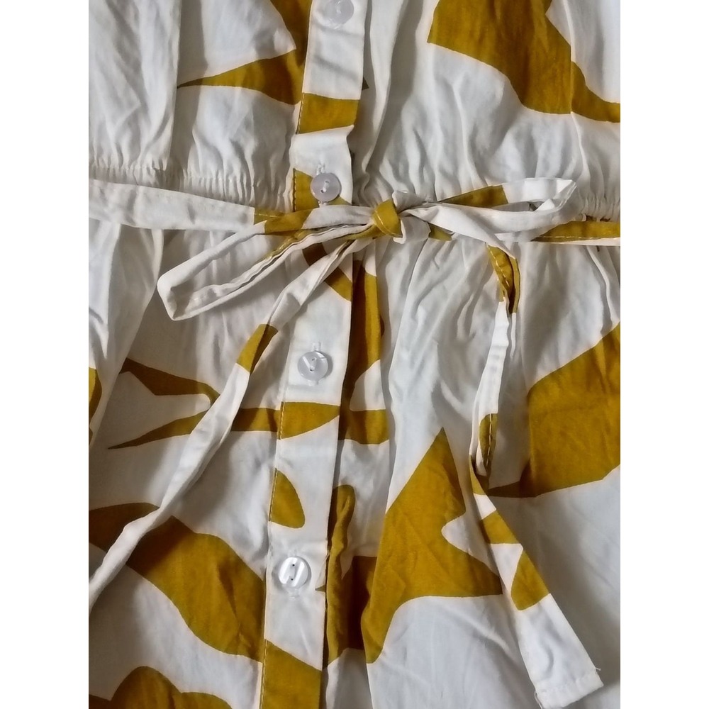 Boho Resortwear 100% Cotton Mustard Yellow White Abstract Maxi Shirtdress S - Picture 5 of 10